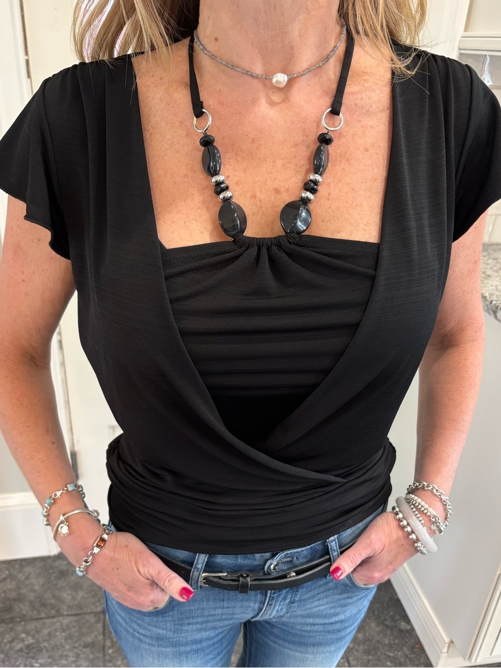 Black Y2K Halter Top with Bead Accent - Picture 2 of 10